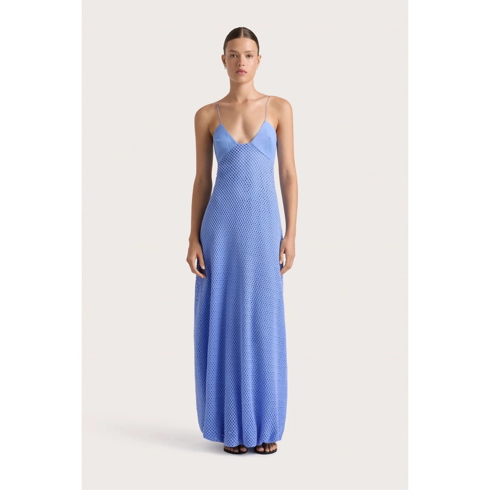 NWT Faithfull the Brand Ciele Maxi Dress in Azalea Mid Blue Bubble Net Crochet
